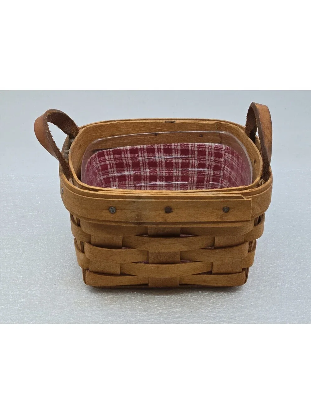 Longaberger Small Rectangle Basket Leather Handles Plaid Liner Protector 1994